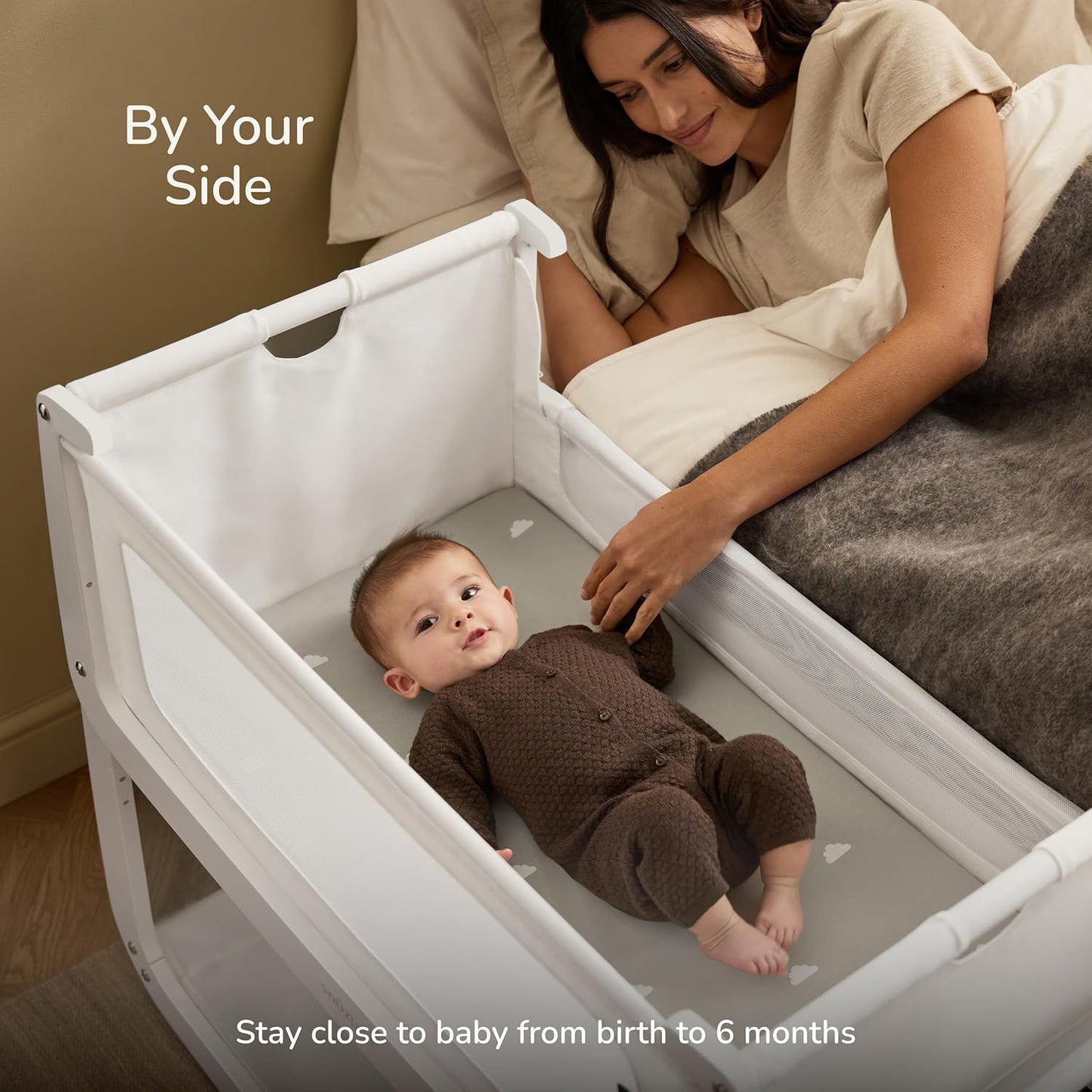 SnuzPod 5 Bedside Bassinet for Baby - Newborn Bed with Zip Down Breathable Windows, Rocking Bedside Sleeper with Lift-Off Bassinet, Portable 3-in-1 Baby Cradle with Wheels & Mattress, Natural