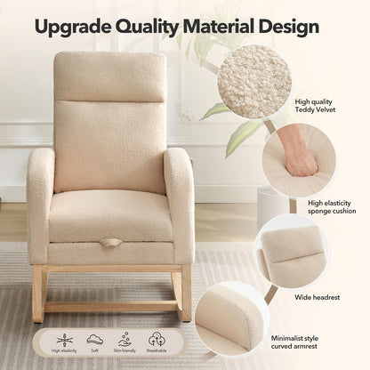 Modern Nursery Rocking Chair, Teddy Upholstered Rocking Chair with Footrest, Comfortable Rocker Recliner with Side Pocket, Rocker Glider for Living Room, Bedroom, Nursing Room