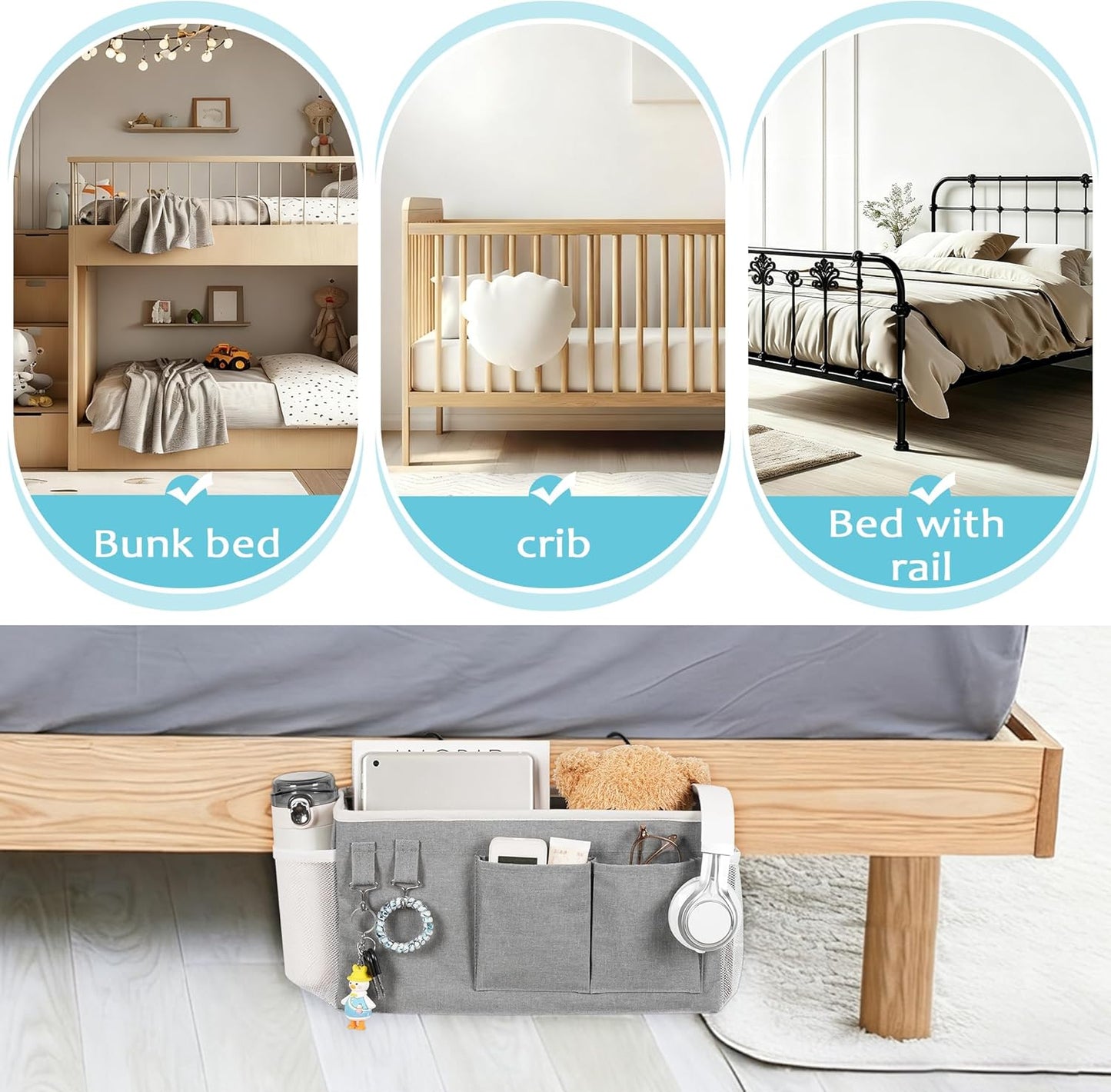Loghot Bedside Caddy/Bedside Storage Bag Hanging Organizer for Bunk and Hospital Beds,Dorm Rooms Bed Rails,Can be Placed Glasses,Books,Mobile Phones,Keys (White)
