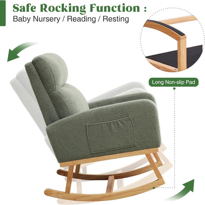 HCHAIRH Rocking Chair Nursery, Upholstered Fabricr Nursing Rocking Chairs with Soft High Back, Modern Nursery Glider Rocker for Mom Living Room, Bedroom, Camel