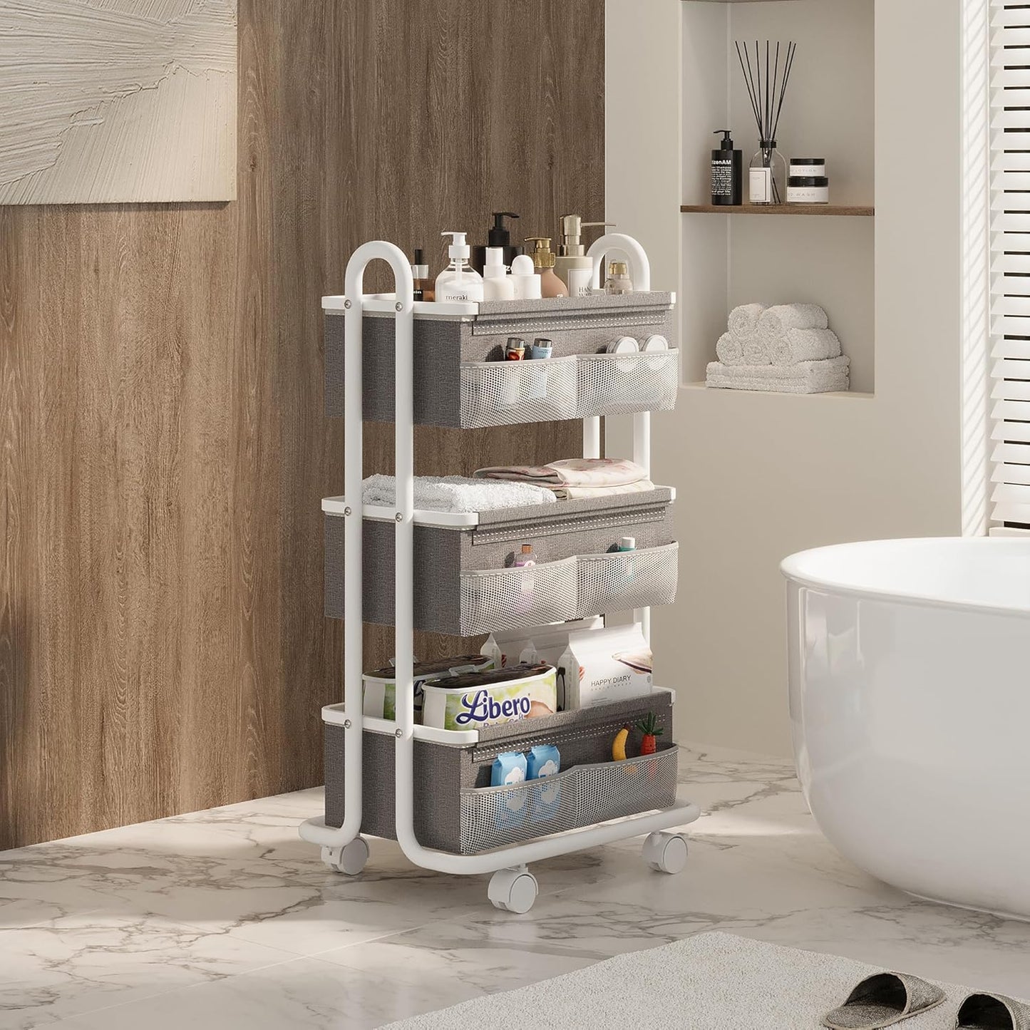 3-Tier Baby Diaper Caddy Organizer Cart, Mobile Nursery Storage Carts with Wheels, 3 Dividers & 6 Mesh Pockets Durable Metal Utility Cart for Nursery, Bedroom, Bathroom, Baby Essentials Organization
