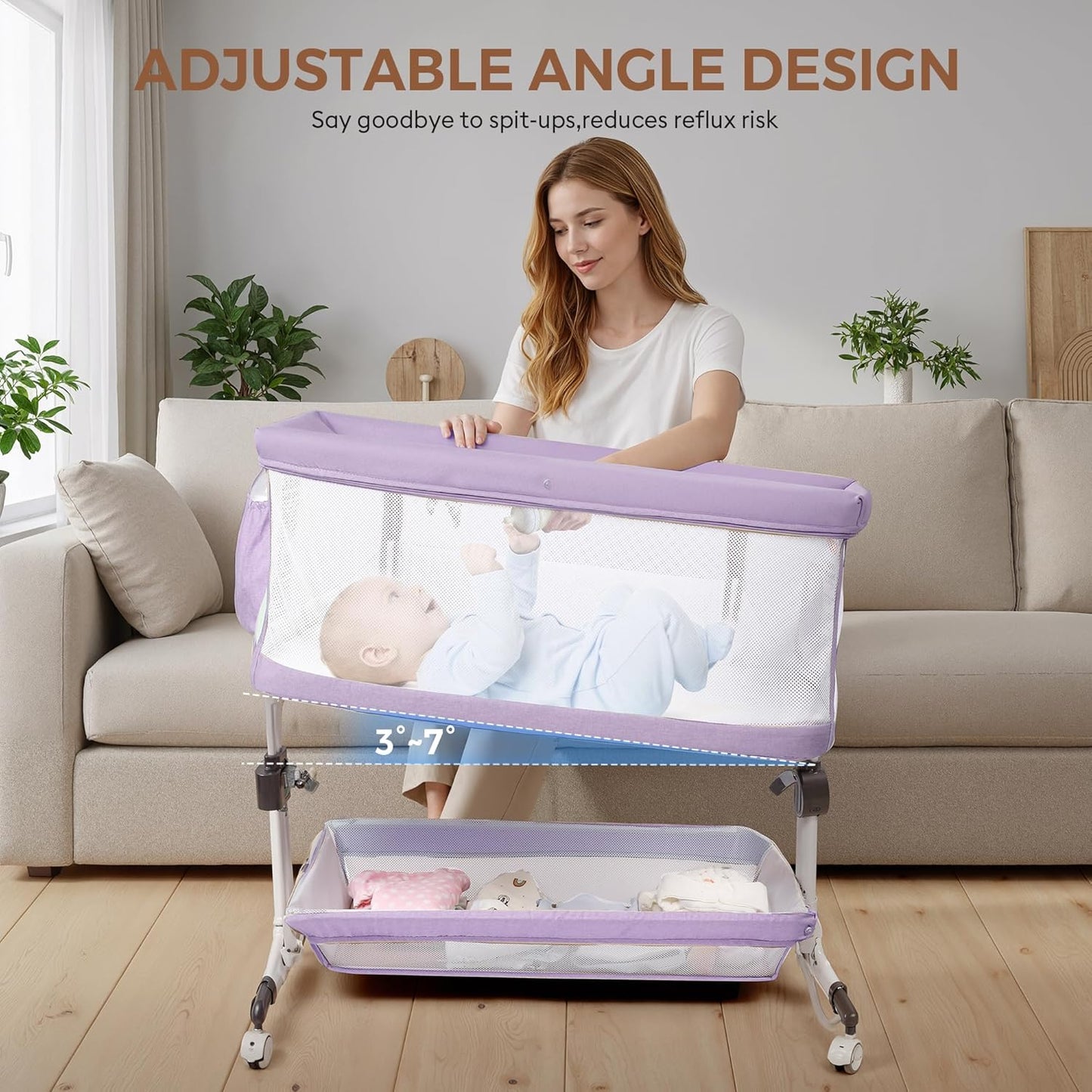 Baby Bassinet, Bedside Sleeper for Newborns Convertible Co-Sleeper Crib with Breathable Mesh, 6-Level Height Adjustment, Built-In Storage, Foldable Portable Bassinet for Home or Travel, Pink & Purple