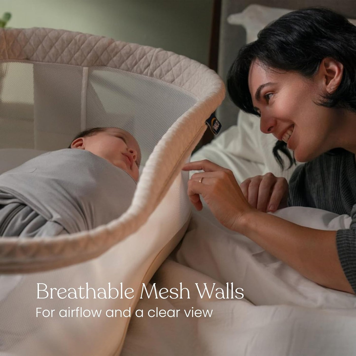 HALO BassiNest Soothing Swivel Sleeper 3.0S – Over-Bed Baby Bassinet with 360 Rotation, Adjustable Height, Breathable Mesh, Calm Sounds & Vibrations, Safe Close Sleeping, Lowering Wall for Easy Access