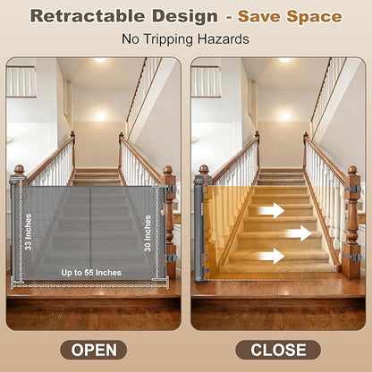 Upgraded Retractable Baby Gates for Stairs & Banister, Mesh Dog Gate Indoor, Extends to 55" Wide 33" Tall, Child Safety Gate for Stairway, Banister & Wall Mount (Gray)