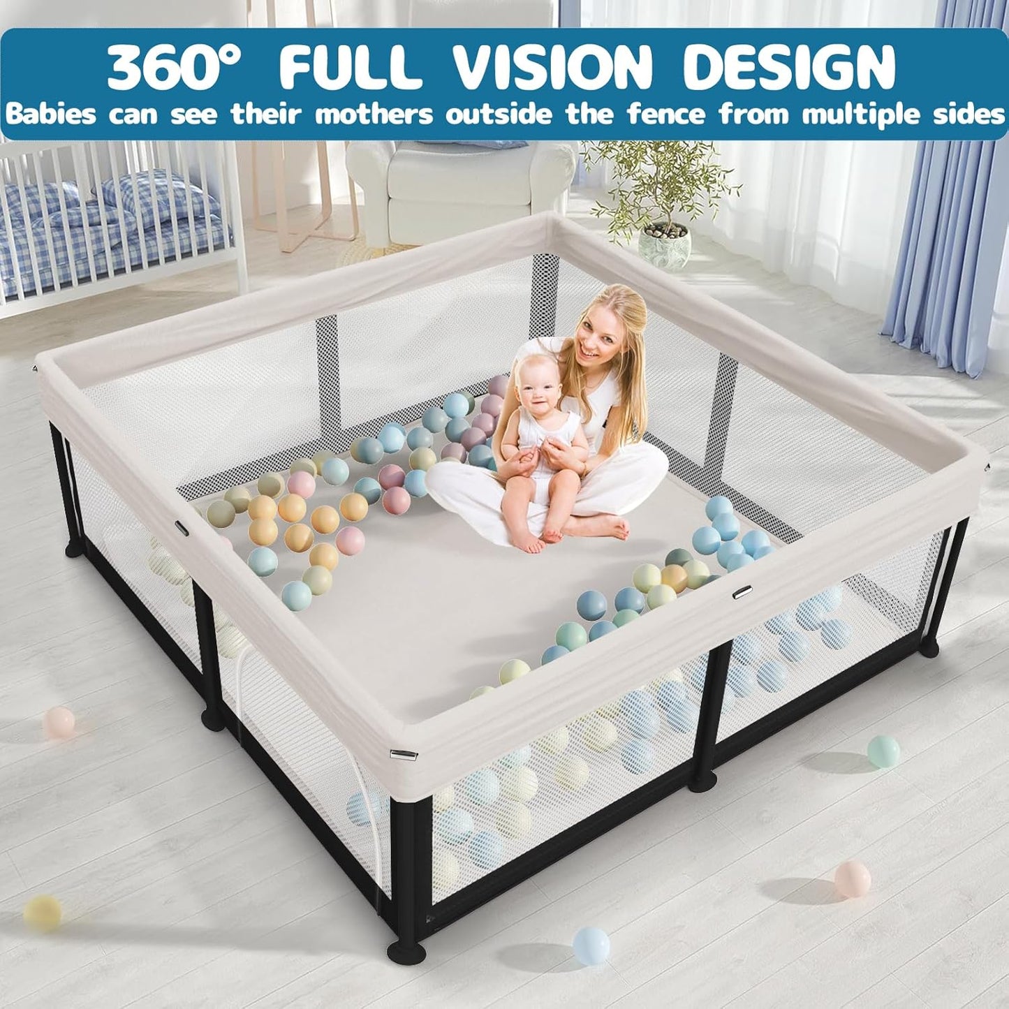 TOREVSIOR Foldable Baby Playpen with Mat, 50"×50" Collapsible Play Pen for Babies and Toddlers, Indoor & Outdoor Kids Safety Play Pen, Portable Play Yard, Foldable Baby Playpen with 50 Ocean Balls