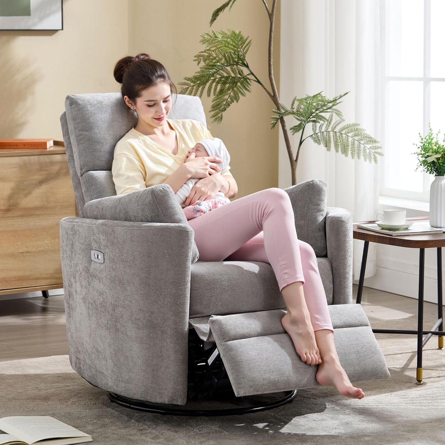 Power Recliner,Nursery Swivel Glider Rocking Chair with USB Port,Upholstered Adult Electric Recliner Rocking Chair with 2 Pillows for Living Room Bedroom (Beige Corduroy, Power-Driven)