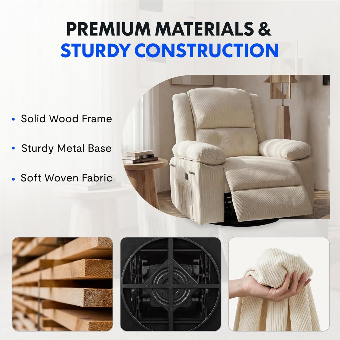 FLEXISPOT Swivel Rocker Recliner Chair for Adults, Massage Recliner Rocking Chair Nursery, 360° Swivel Nursery Glider for Living Room Bedroom, Beige (XRC2)