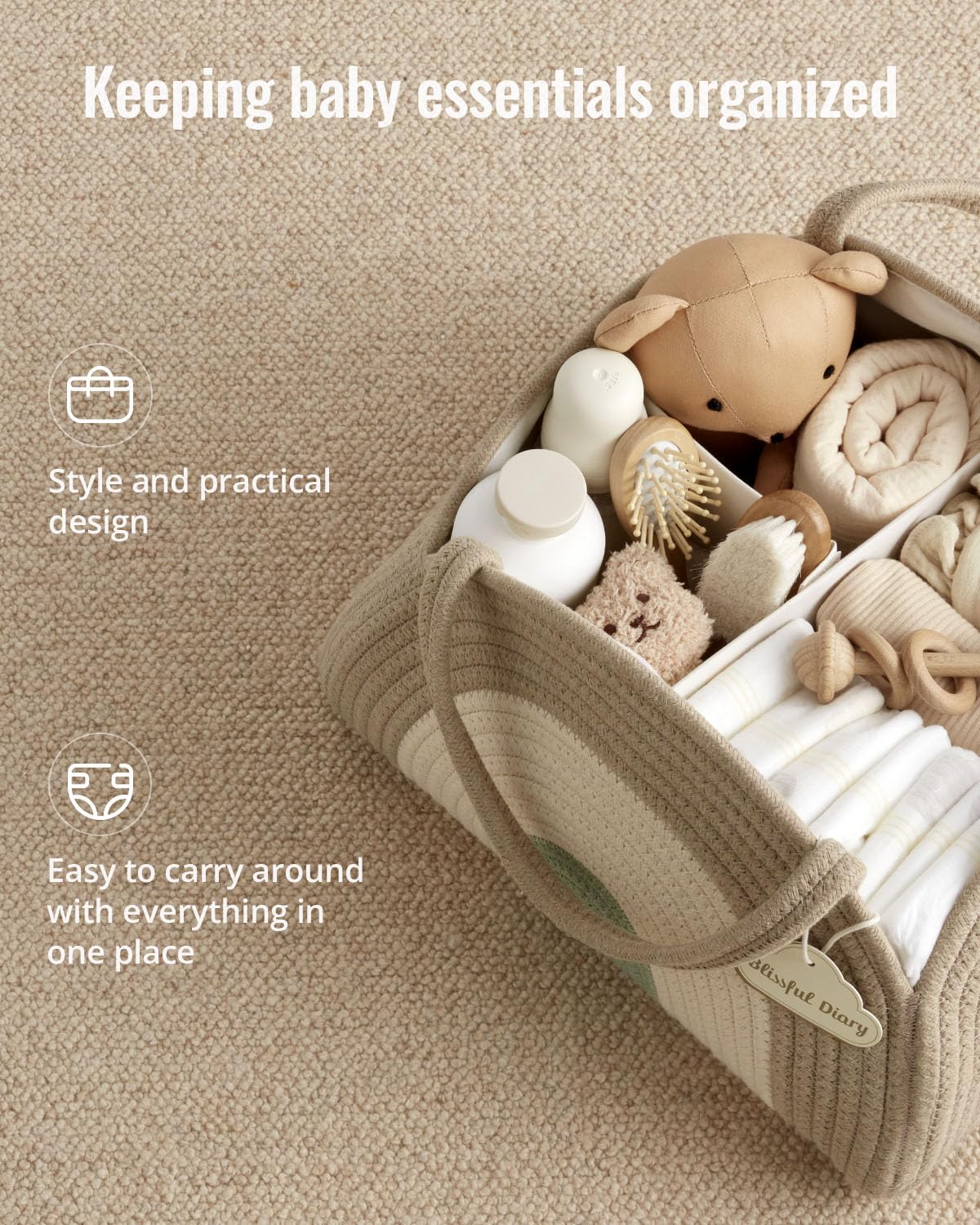 Blissful Diary Baby Diaper Caddy Organizer, Cotton Rope Diaper Caddy Basket, Large Storage Basket for Newborn Boys and Girls, Gift for Baby Shower List, Newborn Essentials, Earthy Rainbow