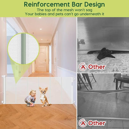 Reinforced 80 Inch Extra Wide Retractable Baby Gate with Support Rods, Indoor/Outdoor Retractable Pet Gates for Wide Openings, 33” Tall Mesh Dog Gate Indoor Extra Long Baby Gates for Decks, White