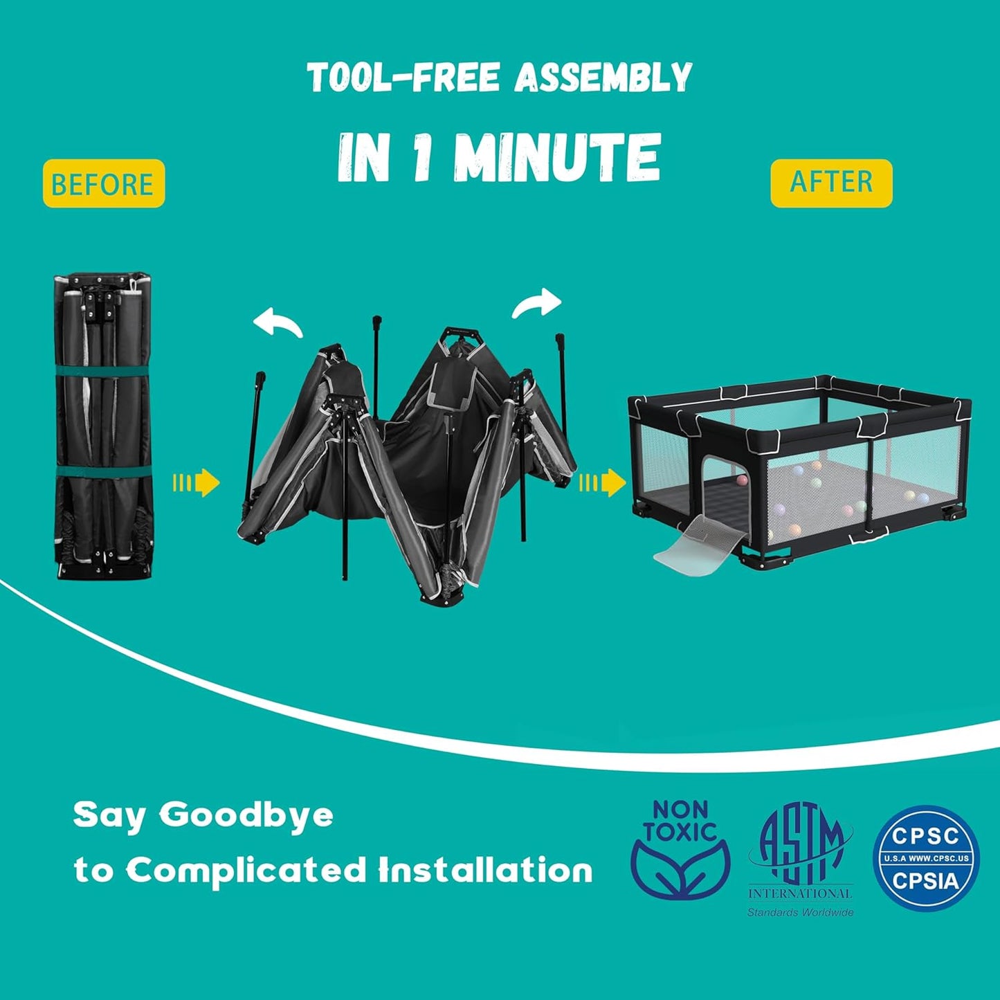 ICAREWAY Foldable Playpen for Babies and Toddlers, 50x50 Inches Portable Playpen, Kids Collapsible Play Pen with 2 Handlers, Indoor & Outdoor Baby Fence Play Area with Visible Mesh, Dark Gray