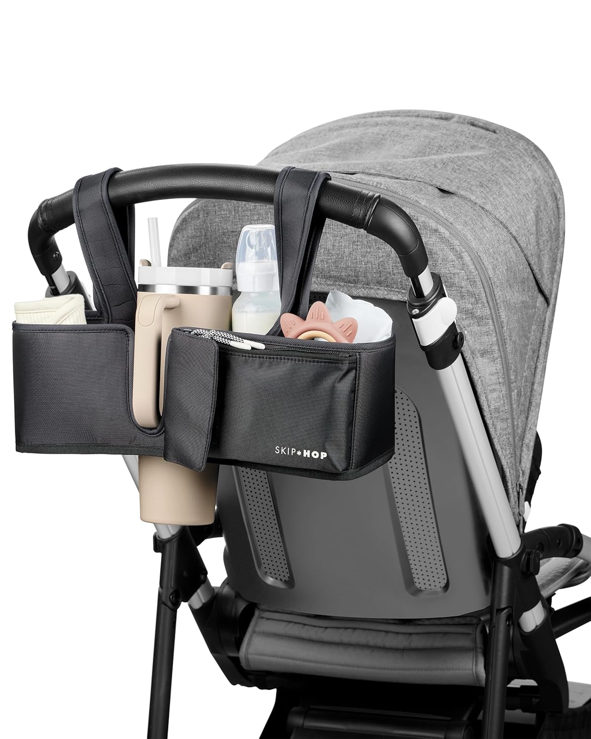 Skip Hop Ultimate Stroller Organizer Universal Fit with Adjustable Straps, Magnetic Flaps and Convertible Design That fits 40 oz. Tumblers, Oat