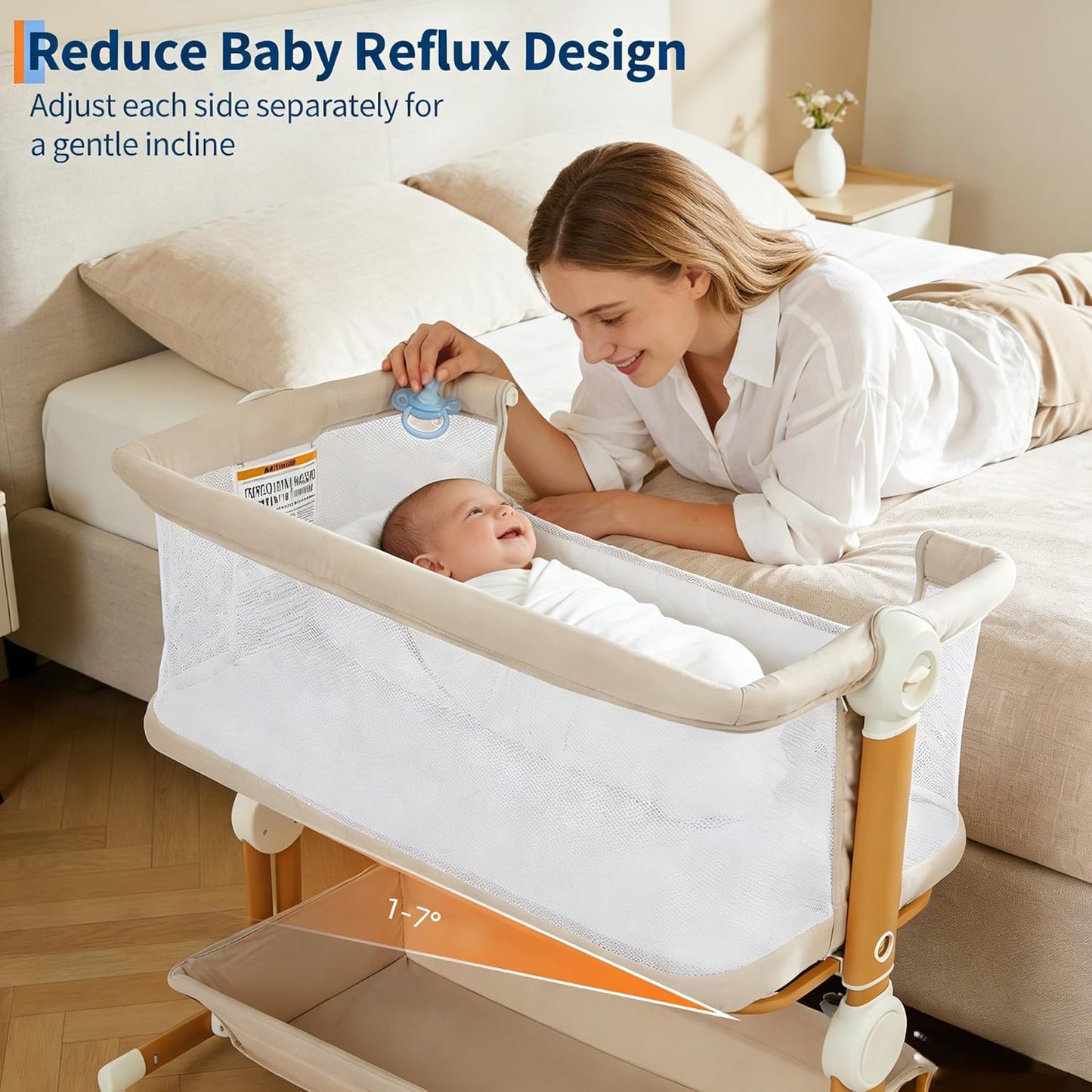 Garvee 3-in-1 Baby Bassinet, Bedside Sleeper for Newborn, 6 Height Adjustable, Full Mesh Breathable Side, Lockable Wheels, Large Storage, Portable Rocking Crib for Night Feeding, ASTM & CPC Certified