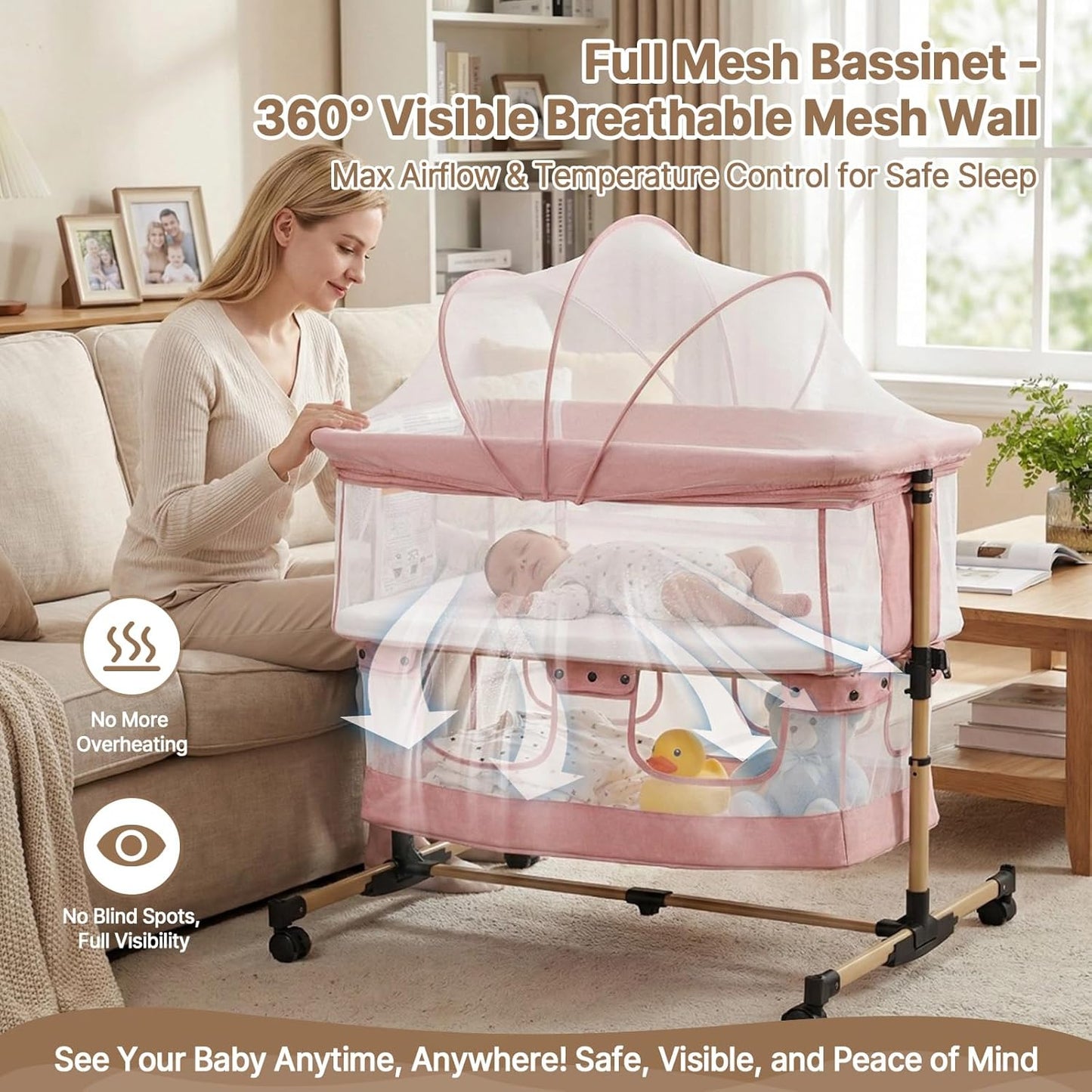Baby Bassinet, 3 in 1 Infant Bassinet Bedside Sleeper, Bassinet with Cover, Rocking Bedside Bassinet for Baby with Storage Basket, Foldable & Adjustable Travel Crib (Light Pink)