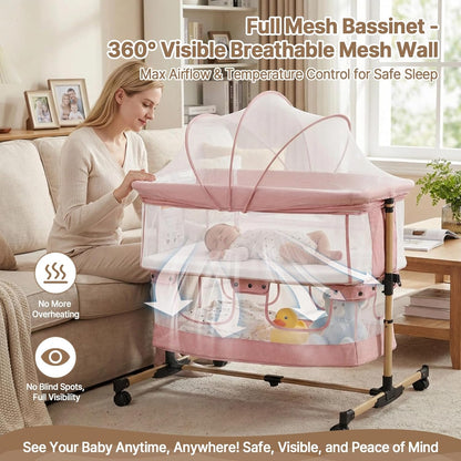 Baby Bassinet, 3 in 1 Infant Bassinet Bedside Sleeper, Bassinet with Cover, Rocking Bedside Bassinet for Baby with Storage Basket, Foldable & Adjustable Travel Crib (Light Pink)