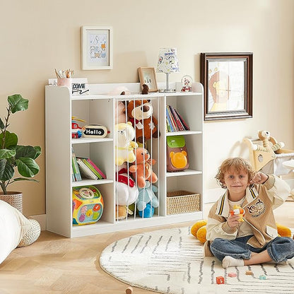 Toddler Stuffed Animal Zoo, Toy Storage Organizer for Playroom, Plush Toy Organizers and Storage, Book Shelf for Kids Rooms, Elastic Band Child Bookcase, Toy Shelf with 8 Storage Cubbies (White)