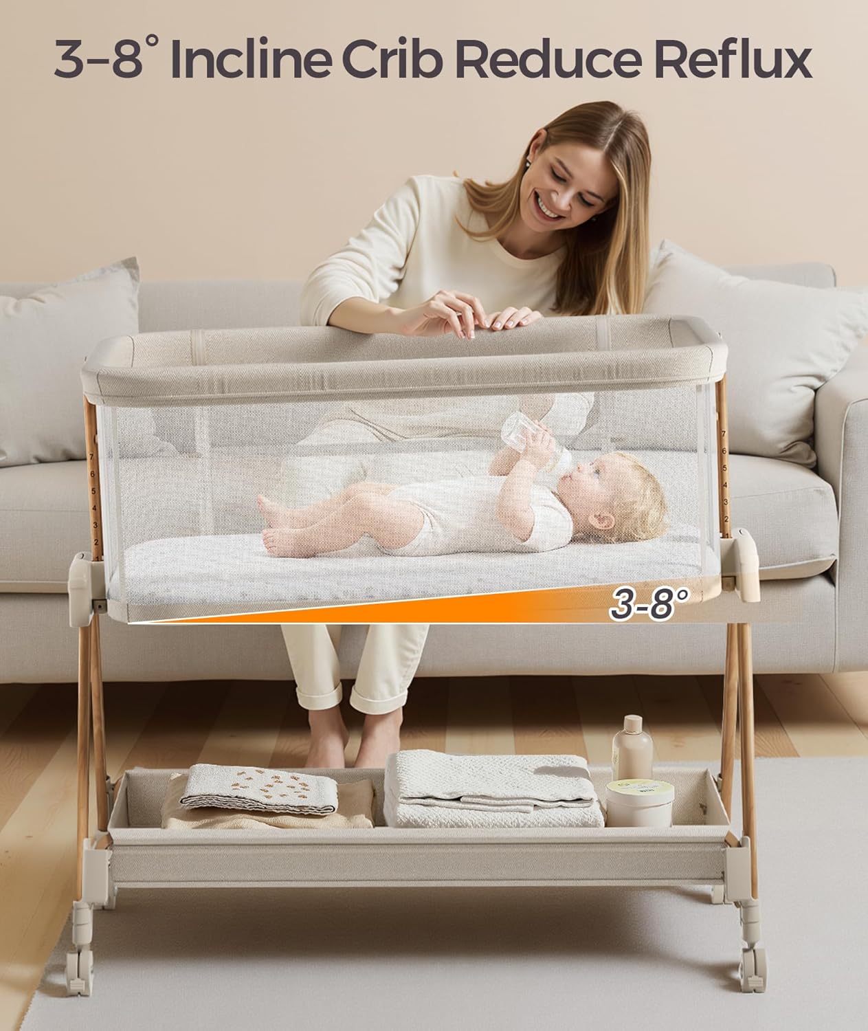 Fodoss Baby Bassinets Bedside Sleeper - 3-in-1 Baby Bassinet with Wheels, Soft Mattress, Storage Tray, Full-Mesh Sides, 7-Height Adjustable Crib for Newborns