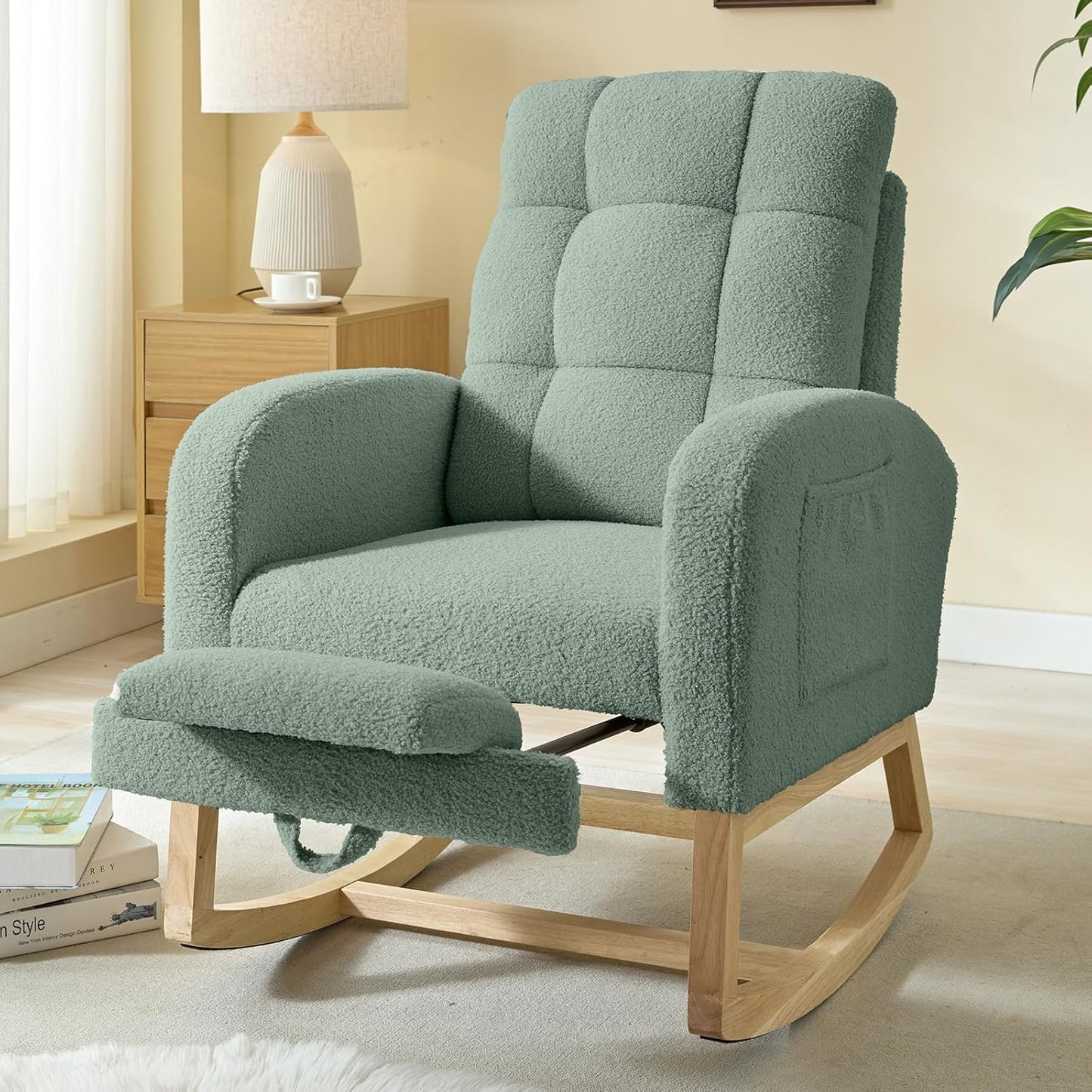 NIOIIKIT Modern Nursery Rocking Chair, Teddy Upholstered Rocking Chair with Footrest, Comfortable Rocker Recliner with Side Pocket, Rocker Glider for Living Room, Bedroom, Nursing Room (Apricot)
