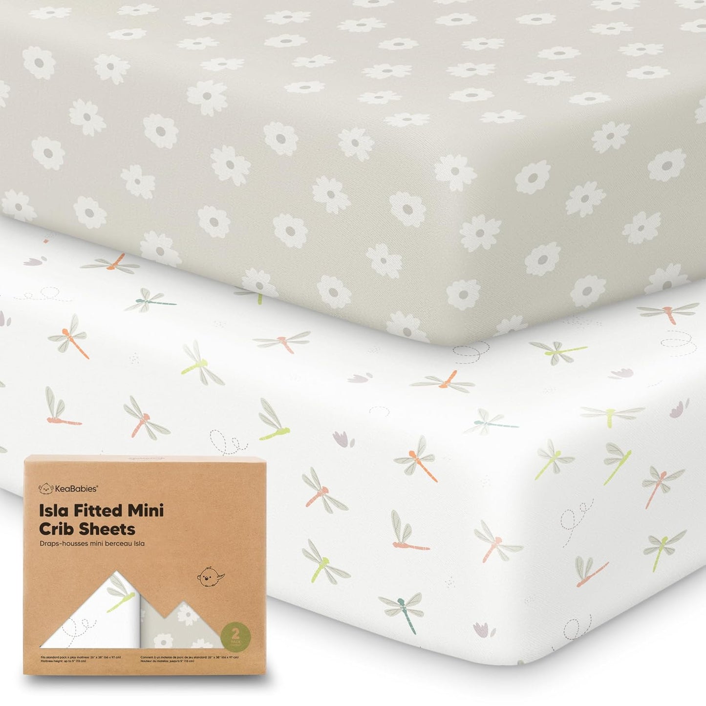 2-Pack Waterproof Pack and Play Sheets, Mini Crib Sheets Fitted for Boy, Girl - 38 x 26 Viscose from Bamboo Pack N Play Mattress Sheets for Graco, Toddler Playard Baby Crib Sheets Neutral (Blue Flax) - Colors A