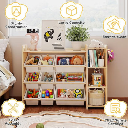 GITAWUSA Kids Toy Storage Organizer, Wooden Shelf with 3 Tiers and 9 Storage Bins, Nursery Room Organizer for Books and Toys, White and Natural Wood