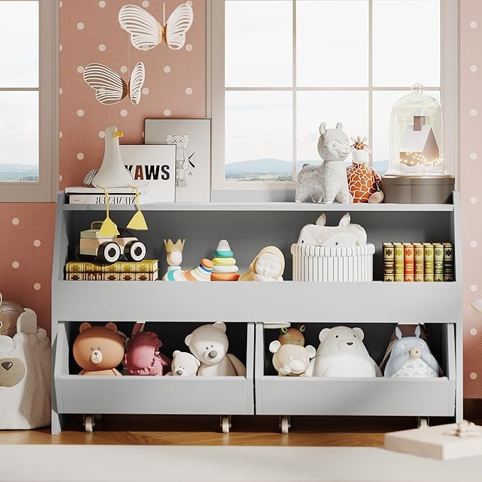 Fulhope Toy Storage Organizer for Kids, Toy Storage Cabinet with Drawers, Boys and Girls Toy Shelf with Wheels, Toy Organizer Kids Bookshelf with Storage for Nursery, Playroom, Bedroom (Light Grey)