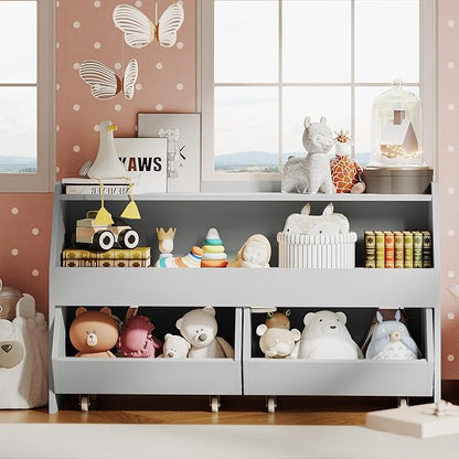 Fulhope Toy Storage Organizer for Kids, Toy Storage Cabinet with Drawers, Boys and Girls Toy Shelf with Wheels, Toy Organizer Kids Bookshelf with Storage for Nursery, Playroom, Bedroom (Light Grey)