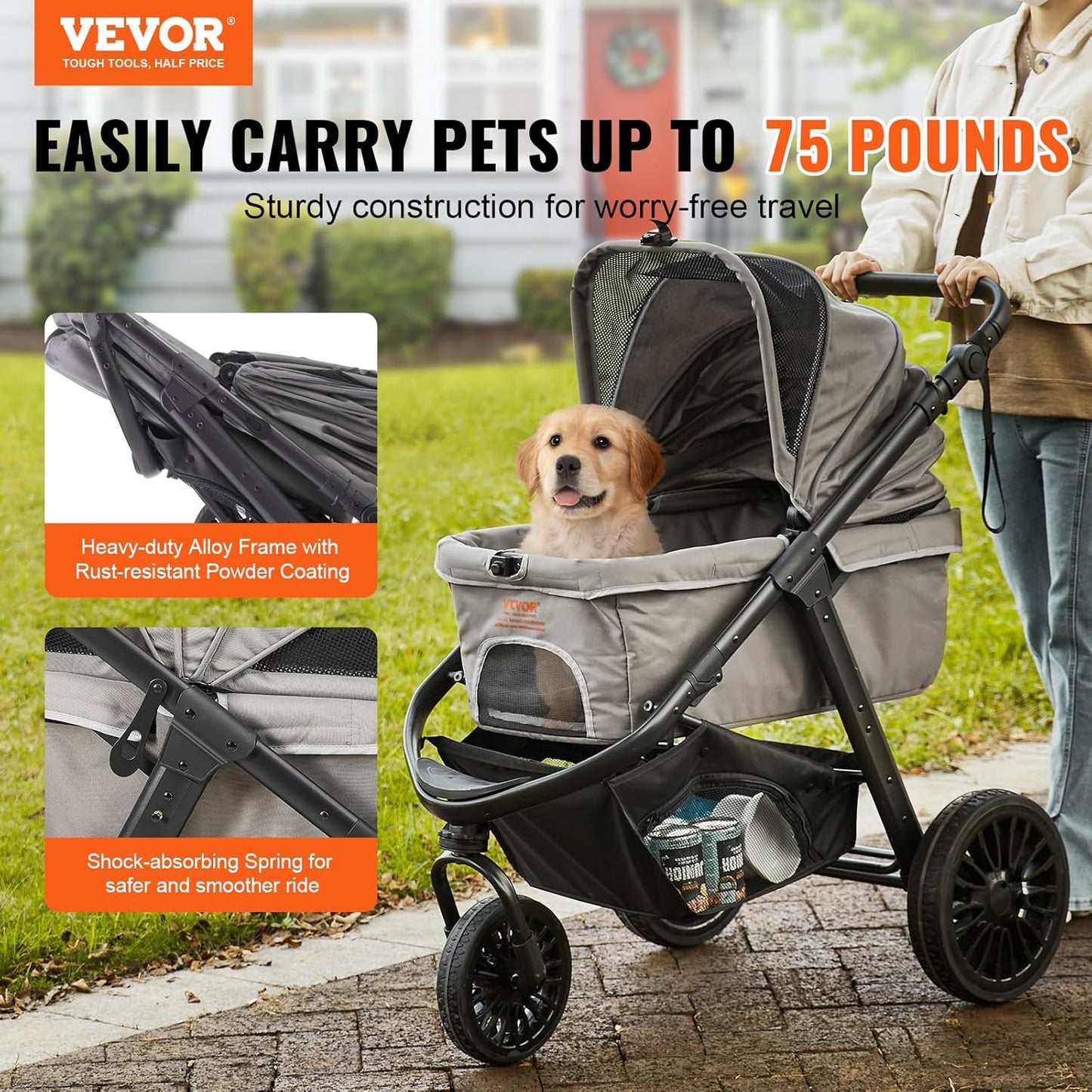 VEVOR Pet Stroller, 44 lbs Weight Capacity, Foldable Dog Cart, 4 Wheels Cats Stroller with Mesh Windows & Revrsible Handle, Portable Pet Carrier with Brake, for Small to Medium Pets
