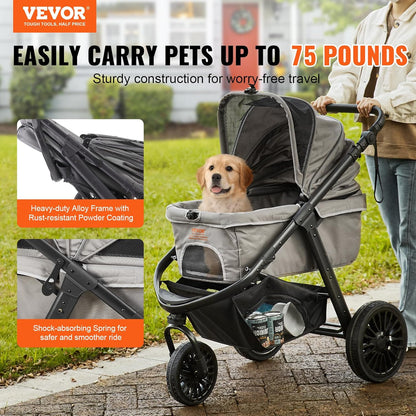 VEVOR Pet Stroller, 44 lbs Weight Capacity, Foldable Dog Cart, 4 Wheels Cats Stroller with Mesh Windows & Revrsible Handle, Portable Pet Carrier with Brake, for Small to Medium Pets