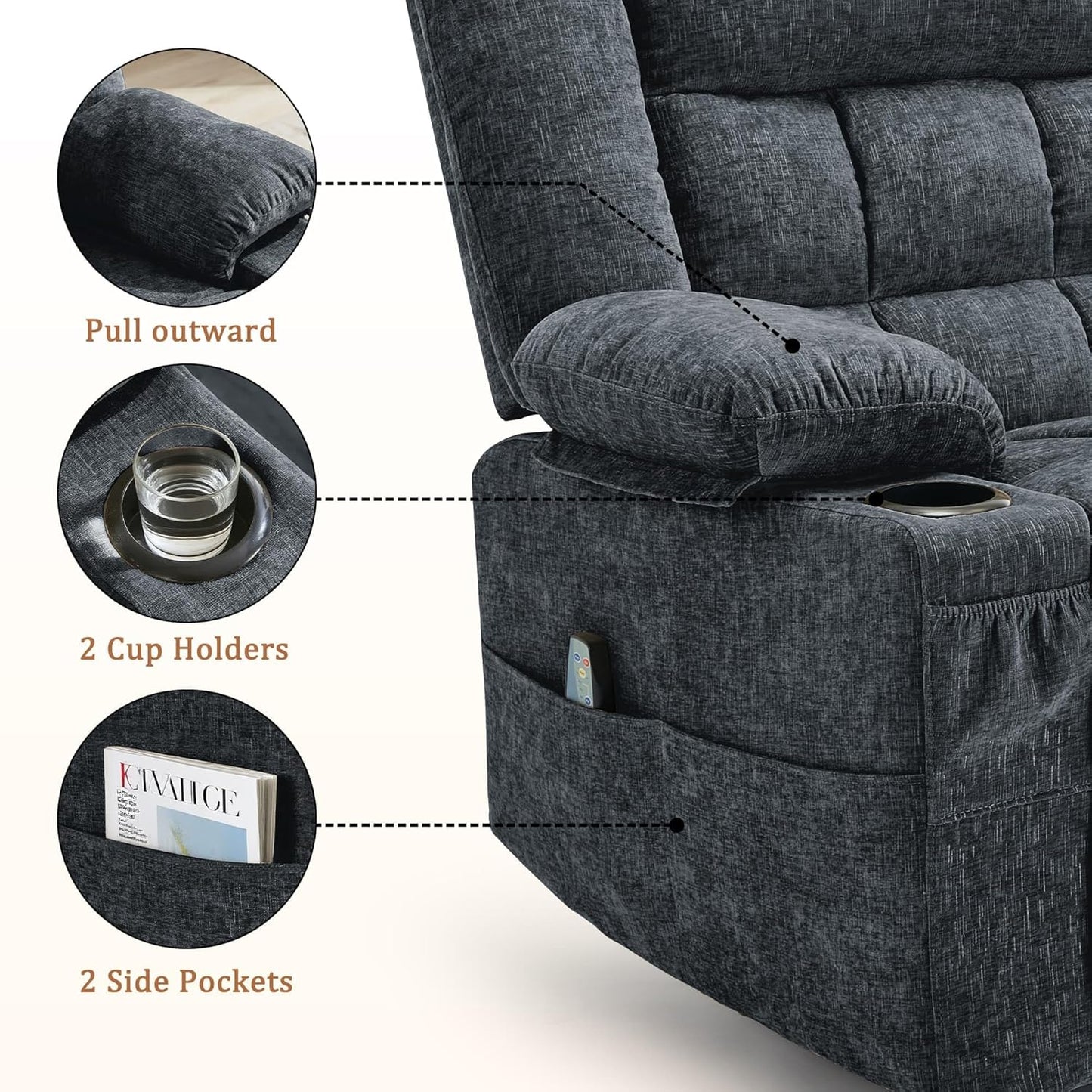 Korser 360° Swivel Rocker Recliner for Adults, Nursery Glider Recliner with Massage and Heating, Rocking Chair with Cup Holder, Manual Recliner Chair for Living Room, Bedroom (Fabric, Beige)