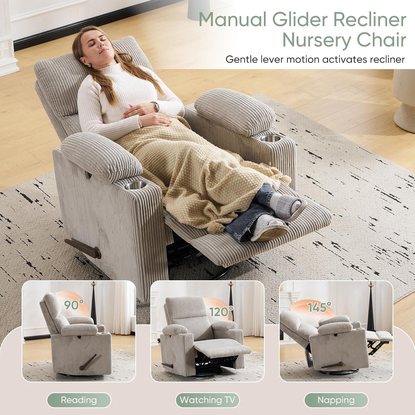 Rocking Chair Nursery with Adjustable Armrest for Breastfeeding, Glider Recliner Nursery Chair with Massage and Heat, Power Swivel Rocker Recliner with Adjustable Headrest, Corduroy, Beige