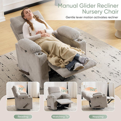 Rocking Chair Nursery with Adjustable Armrest for Breastfeeding, Glider Recliner Nursery Chair with Massage and Heat, Power Swivel Rocker Recliner with Adjustable Headrest, Corduroy, Beige