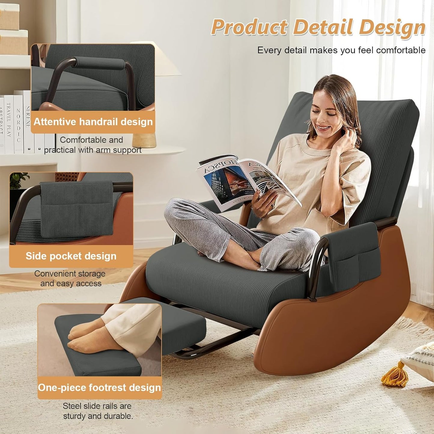 JPBSTO Rocking Chair Nursery, Upholstered Glider Rocking Chair with Side Pocket and Adjustable High Backrest, Comfortable Rocker Recliner with Footrest Perfect for Living Room Bedroom, Beige