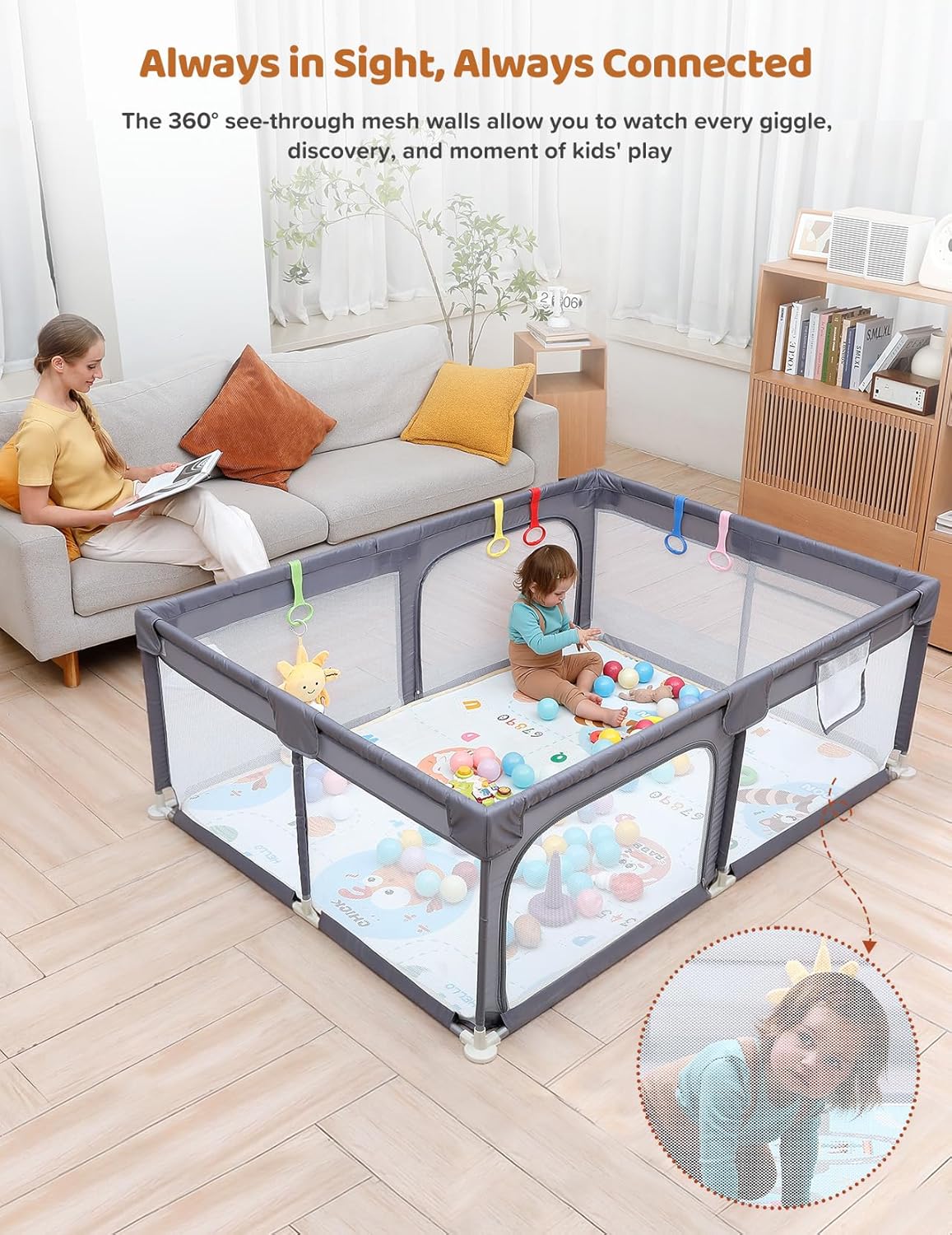 Dripex Baby Playpen, 47"x47" Small Playpen for Babies, Enhanced Safety Baby Play Yard for Indoor & Outdoor, Infant Play Pen with Soft Breathable Visible Mesh, Anti-Fall Design & Easy Setup, Grey