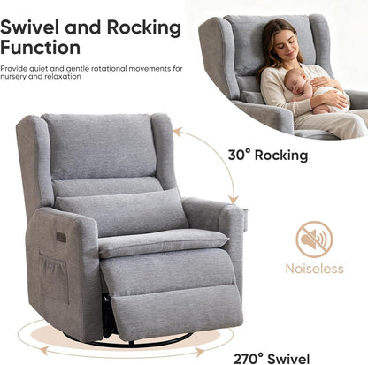 Large Glider Rocker Recliner,Rocking Chair Nursery with Adjustable Headrest,Swivel Rocker Recliner with Lumbar Support,Manual Nursery Rocker Recliner for Living Room& Bedroom,Chenille White