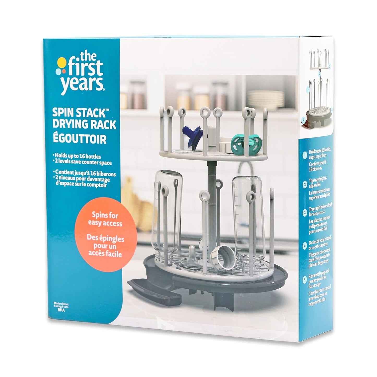 The First Years Spin Stack Bottle Drying Rack - Black - 2-Tier Rotating Countertop Drying Rack for Up to 16 Bottles - Baby Essentials for Everyday Use