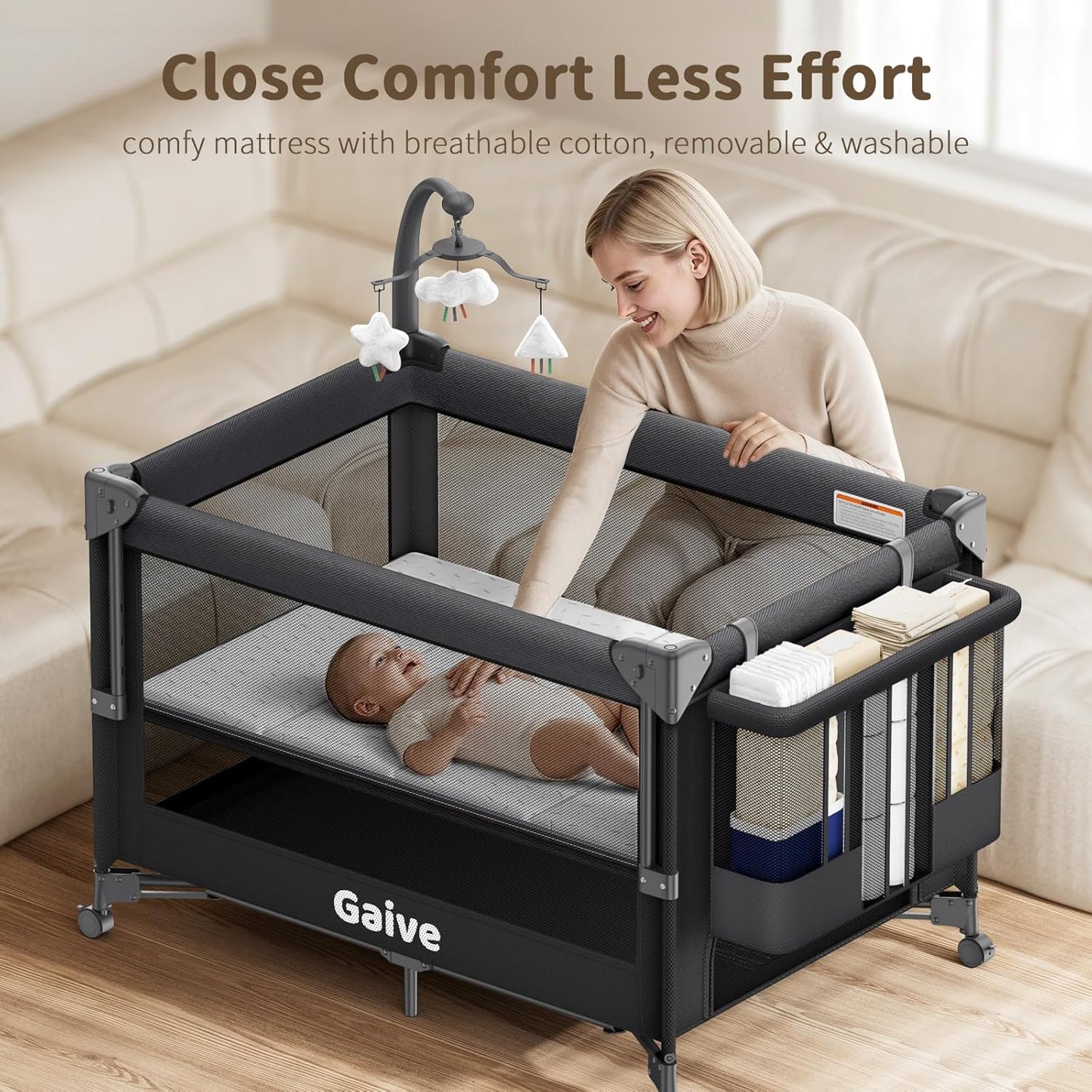 GAIVE 4 in 1 Baby Bassinet, One-Push Setup Pack and Play, Bedside Crib Sleeper with 3 Height Adjustable，Diaper Changer, Come with Comfy Mattress, Rotating Toy Bar, from Infants to Toddlers (Grey)