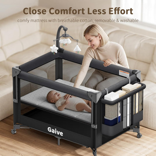 GAIVE 4 in 1 Baby Bassinet, One-Push Setup Pack and Play, Bedside Crib Sleeper with 3 Height Adjustable，Diaper Changer, Come with Comfy Mattress, Rotating Toy Bar, from Infants to Toddlers (Grey)