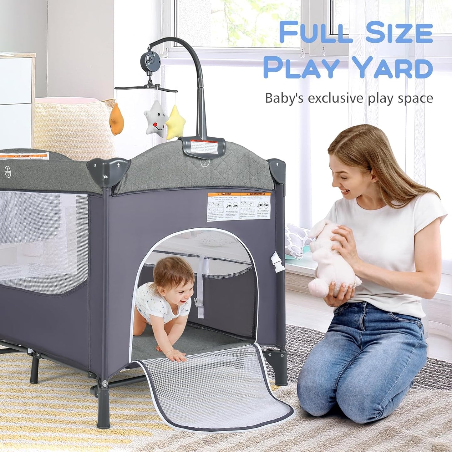 INFANS Pack and Play, 5 in 1 Baby Bedside Sleeper with Bassinet, Diaper Changer, Mattress, Carry Bag, Music Box Hanging Toys, Foldable Bedside Crib, Portable Playard for Newborn Toddlers (Gray)