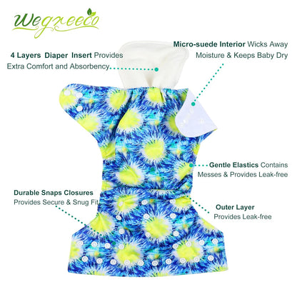 wegreeco Cloth Diapers 6 Pack with 6 Inserts & 1 Wet Bag, Washable Cloth Diapers for Babies, One Size Adjustable Reusable (Flower)