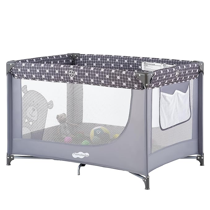 Pamo Babe Compact Pack and Play - Portable Crib for Baby, Lightweight Foldable Travel Playard with Mattress Pad & Carry Bag, Safe Breathable Travel Bed for Home, Trips & Family Visits, Cute Pattern
