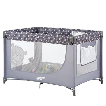 Pamo Babe Compact Pack and Play - Portable Crib for Baby, Lightweight Foldable Travel Playard with Mattress Pad & Carry Bag, Safe Breathable Travel Bed for Home, Trips & Family Visits, Cute Pattern