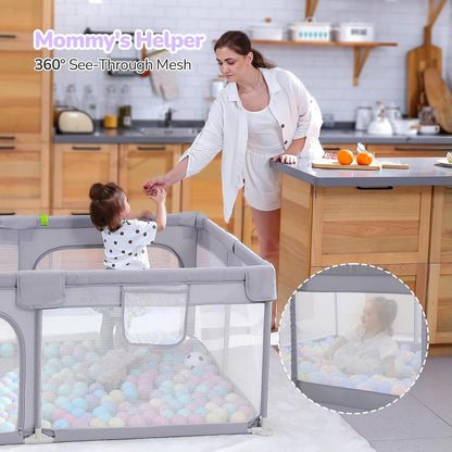 Dripex Baby Playpen, 47"x47" Small Playpen for Babies, Enhanced Safety Baby Play Yard for Indoor & Outdoor, Infant Play Pen with Soft Breathable Visible Mesh, Anti-Fall Design & Easy Setup, Grey