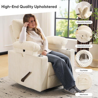 Rocking Chair Nursery with Adjustable Armrests, Electric Glider Recliner Nursing Chair for Breastfeeding, Power Swivel Recliner Chairs with Massage and Heat, Adjustable Headrest , FSC Certified, White