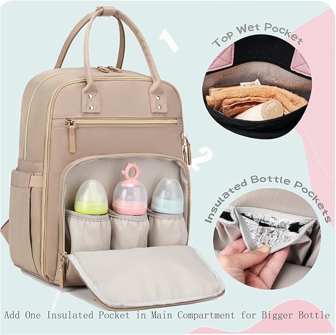 LORADI 18 Pockets Large Diaper Bag Backpack with 4 Insulated Pockets and Stroller Clips, Baby Shower Essentials (Mocha Mousse, Large)