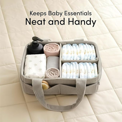 PUTSKA Baby Diaper Caddy Organizer for Changing Table – Stylish Nursery Storage Basket, Newborn Essentials, Baby Shower Gifts and Registry Must-Haves for Boy or Girl, Car Diaper Caddy, Corduroy Grey
