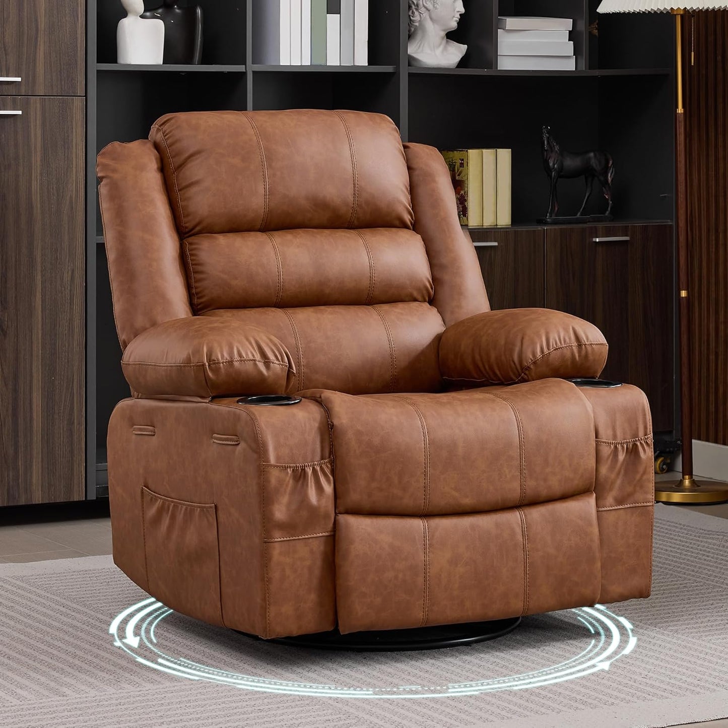 Rocking Recliner Chair for Adults Wide 360° Swivel Rocker Recliner with Cup Holder Nursery Glider with Upholstered Deep Seat Linen Lazy boy Chair for Living Room Browm