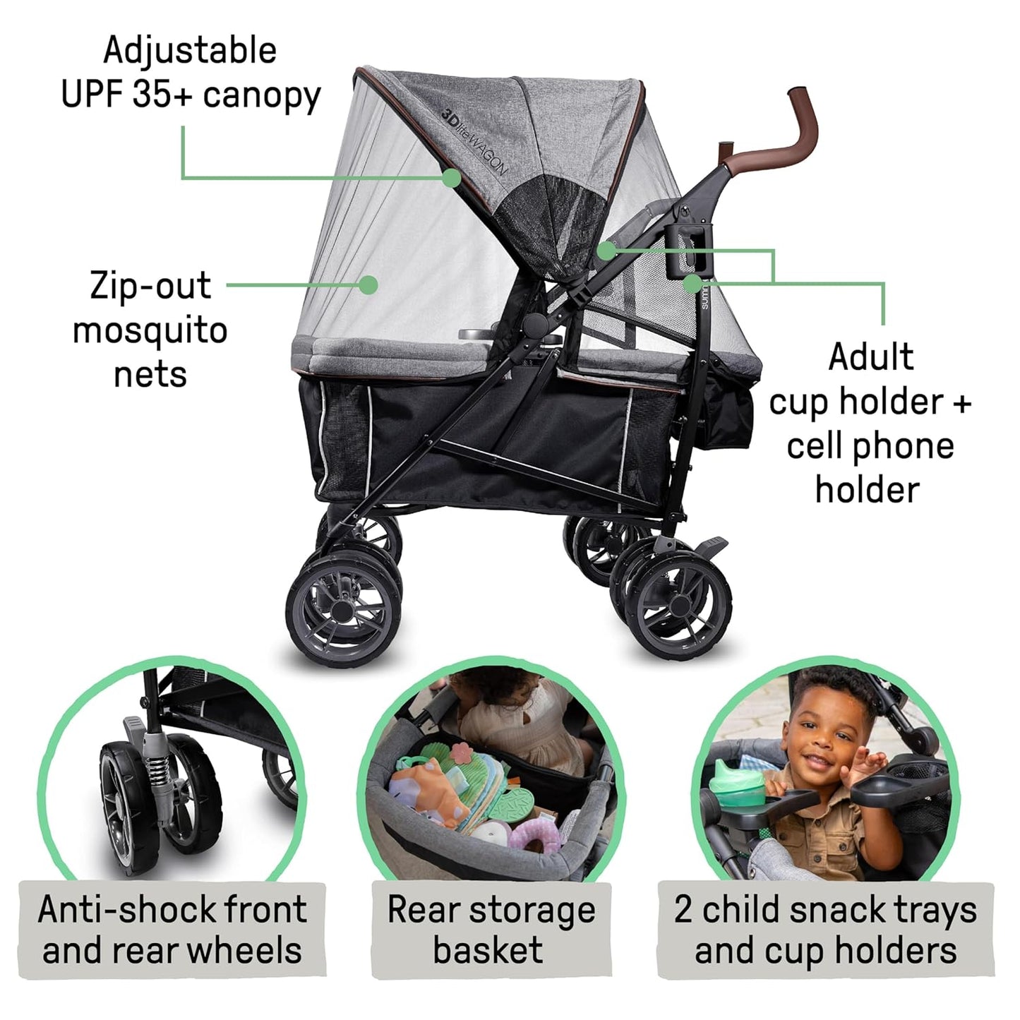 Ingenuity 3Dlite Wagon Convenience Lightweight Stroller for Infants, Accommodates up to 50 Pounds and Holds 2 Children, Black/Gray
