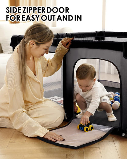 Baby Playpen with Mat, 71" x 59" Extra Large Play Yard for Babies and Toddlers, Baby Fence with Soft Thick Play Mat, Indoor Safety Activity Center for Infants, Easy to Assemble and Clean（Gray）