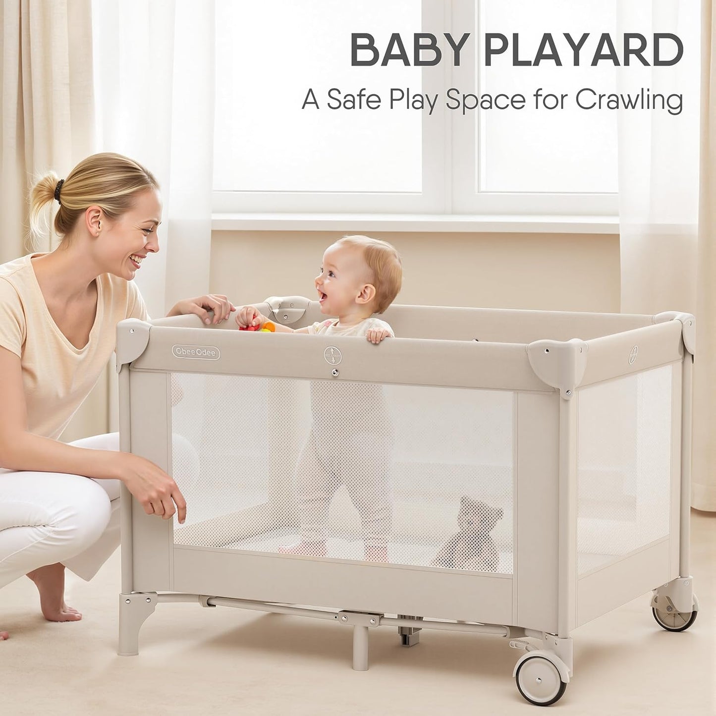 Obee Odee 4-in-1 Baby Bassinet with Playard, Napper Bassinet, Changing Table, Mosquito Net & Canopy, Storage and Toys for Newborn to Toddler