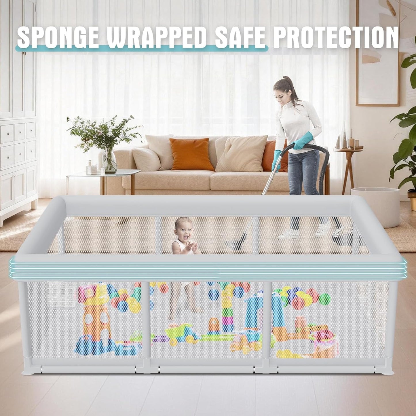 Hiaksedt Baby Playpen 50x50 Inch, Play Pens for Babies and Toddlers Baby Fence Play Yards for Indoor & Outdoor with Breathable Mesh Anti-Fall Playpen