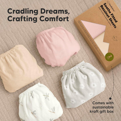 2-Pack Organic Bassinet Sheets for Girls, Boys - 100% Cotton Bassinet Mattress Sheets Compatible with Halo Bassinest Swivel Sleeper, Graco, Baby Delight, Chicco, Unisex Fitted Bassinet Sheets (Elly)